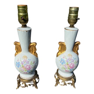 Vintage French-Style Porcelain Table Lamp With Floral Motif & Gilt Accents - Set of 2 For Sale