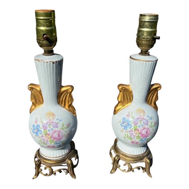Vintage French-Style Porcelain Table Lamp With Floral Motif & Gilt Accents - Set of 2 For Sale