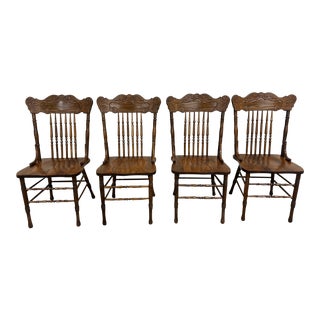 Antique Tiger Oak Press Back Dining Chairs - Set of 4 For Sale