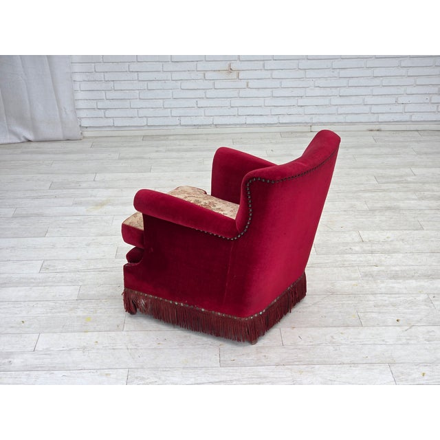 Danish Armchair in Red Velour and Ash, 1970s For Sale - Image 12 of 17