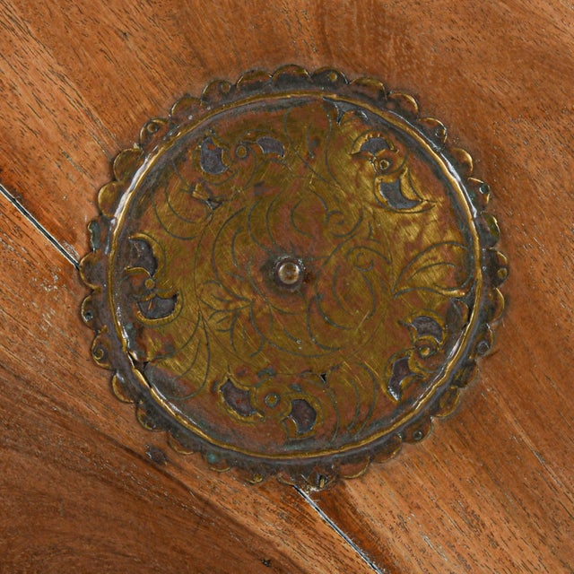 Indian Antique Wooden Indian Coffee Table With Brass Mounts and Painted Trim For Sale - Image 3 of 7