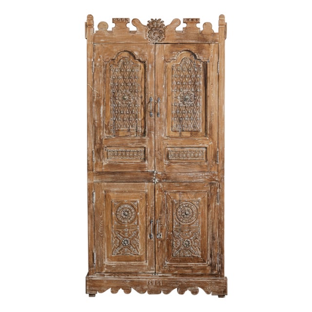 Antique Hand-Carved Armoire Cabinet | Ornate Vintage Accent Storage Furniture 77x38 For Sale