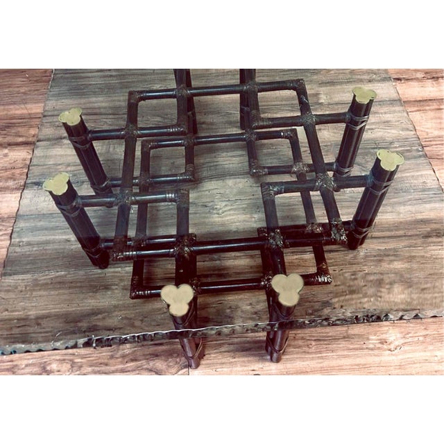 McGuire Vintage McGuire Bamboo Rattan Lattice Coffee Table With Pie Crust Glass Top For Sale - Image 4 of 7