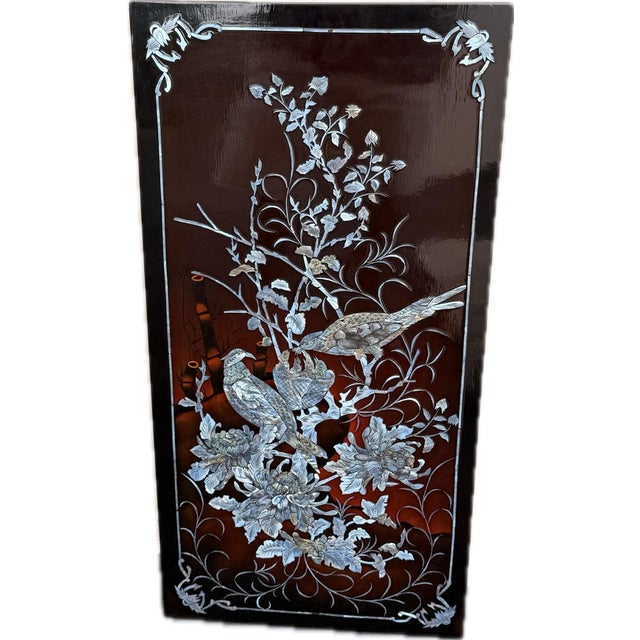 Asian Vintage Vietnamese Burgandy Lacquer Mother-of-Pearl Inlaid Wall Panels – Set of Four For Sale - Image 3 of 5
