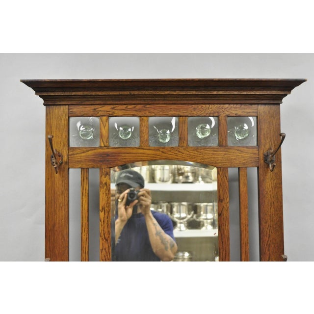 Art Nouveau Antique English Art Nouveau Oak & Green Tile Coat Rack Umbrella Stand Hall Tree For Sale - Image 3 of 18