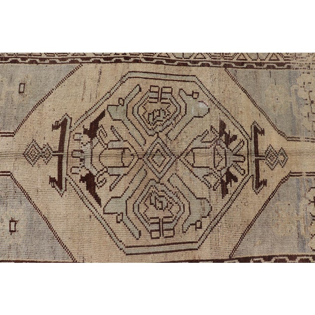 Mid 20th Century Geometric Tribal Vintage Turkish Oushak Rug in Brown Cream Light Blue and Tan For Sale - Image 10 of 13