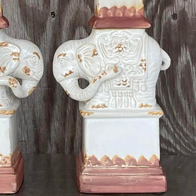Vintage Boho Glazed Terra Cotta Elephant Obelisks - a Pair For Sale - Image 12 of 14