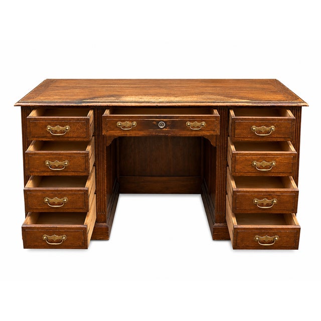 Vintage Oak Pedestal Desk with Drawers, 1940s For Sale - Image 3 of 8