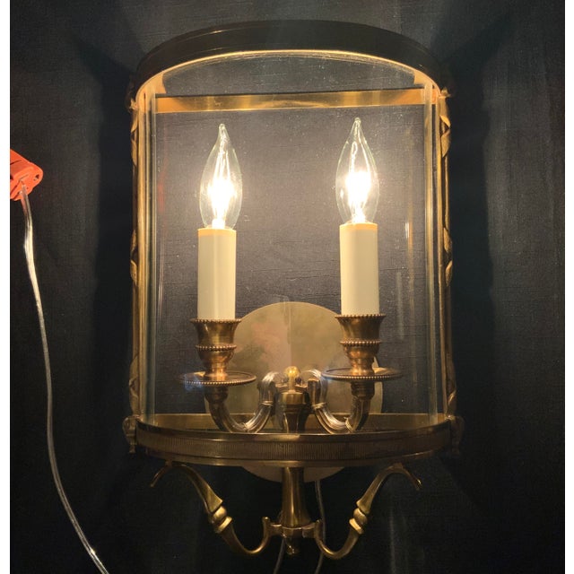 Pair of Mid 20th Century French Bronze Convex Half Lantern Wall Sconces, Ribbon & Reed For Sale - Image 4 of 9