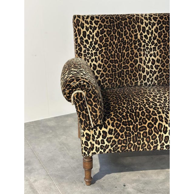 Vintage Leopard Velvet Sofa with Drop-Down Arms, France For Sale - Image 5 of 14