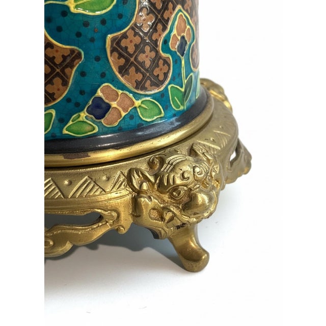 Chinoiserie Vintage Asian Cloisonné Enamel Vase on Ornate Gilt Metal Base For Sale - Image 3 of 7