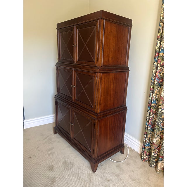Bernhardt Rare Bernhardt Leather and Mahogany Entertainment Cabinet With Drawers, Attributed For Sale - Image 4 of 4