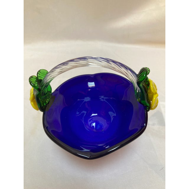 Contemporary Late 20th Century Vintage Cobalt Blue Murano Glass Basket With Yellow Applied Flowers For Sale - Image 3 of 5