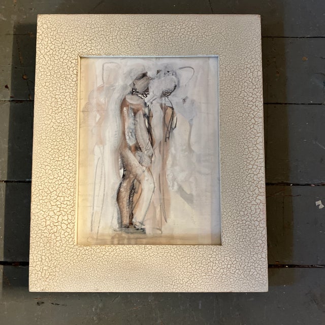 1960’s Original Abstract Painting/Drawing Faux Eggshell Frame For Sale - Image 4 of 4