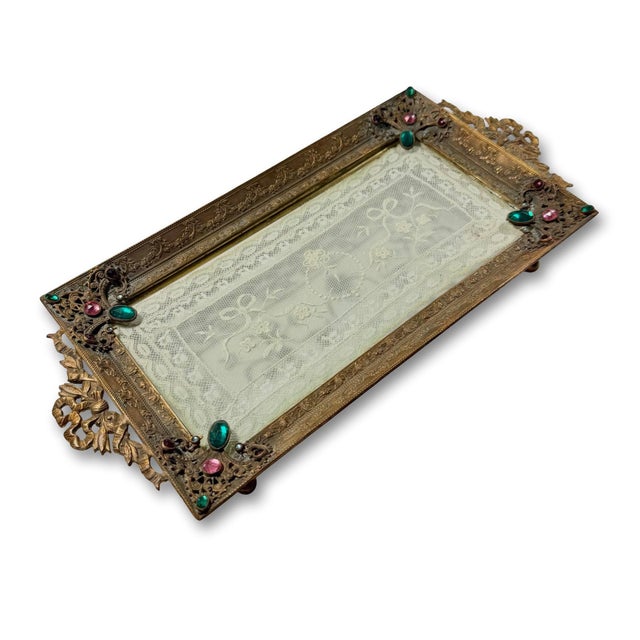 Ivory Antique Empire Art Gold Jeweled Vanity Tray With Ivory Lace, Circa 1920s–1930s For Sale - Image 8 of 13