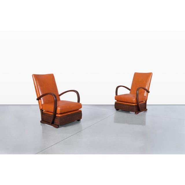 Mid-Century Modern Vintage French Art Deco Leather and Walnut Lounge Chairs, 1940s For Sale - Image 3 of 14