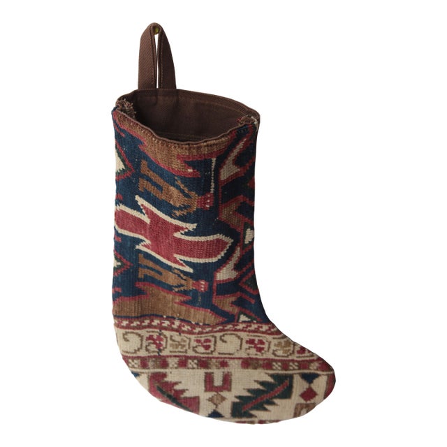 Rustic Holiday Wall Hanging Stocking From Antique Persian Rug Carpet For Sale