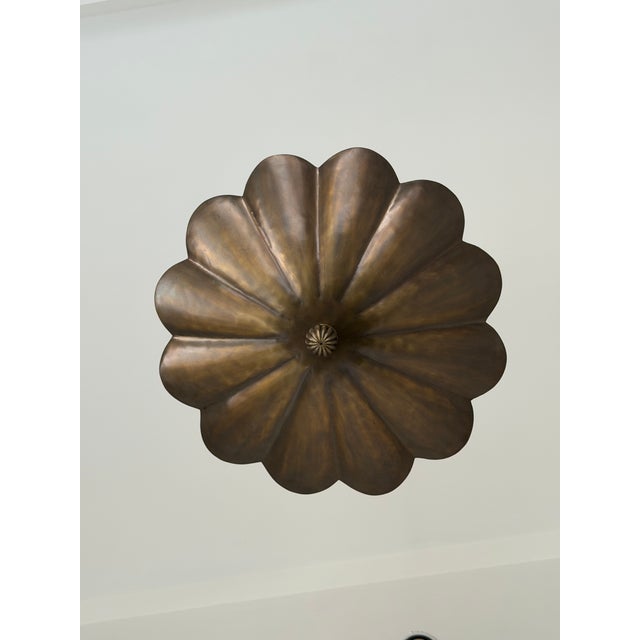 Art Nouveau Petal Pendant Light, Antique Brass Finish Solid Brass Flower Shade, 4 Light Hanging Fixture For Sale - Image 12 of 12