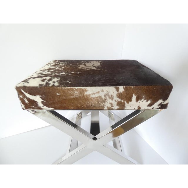 Vintage French Cowhide & Stainless Steel Footstool attributed to 23homedesign For Sale - Image 5 of 8