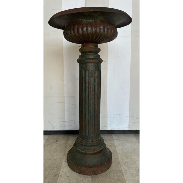 19th Century Cast Iron Urn on Pedestal With Original Green Paint For Sale - Image 4 of 4