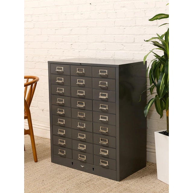 Mid-Century Modern Mid 20th Century Industrial Steel Flat File Cabinet With 27 Label-Pull Drawers For Sale - Image 3 of 12