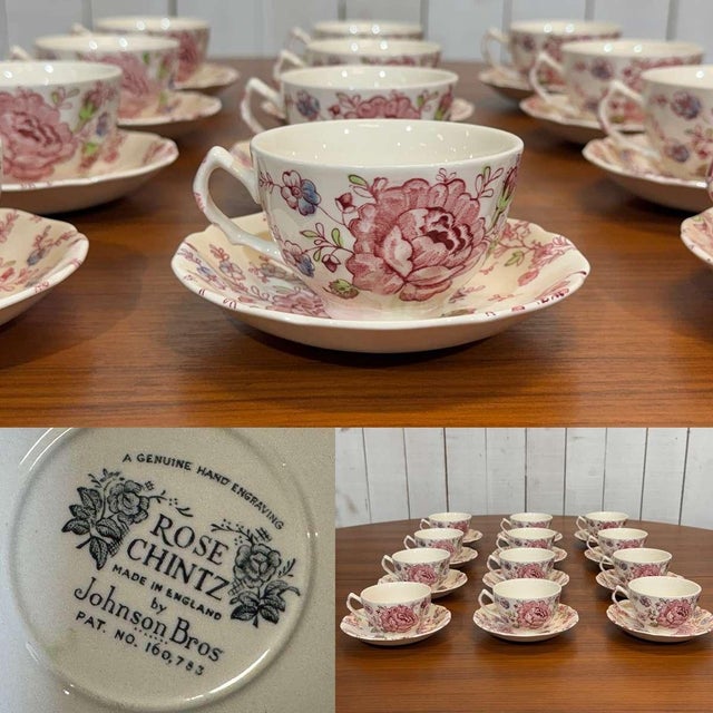 Ceramic Rose Chintz Pattern Coffee and Tea Service for Twelve People in English Porcelain from Johnson Bros, Set of 12 For Sale - Image 7 of 8