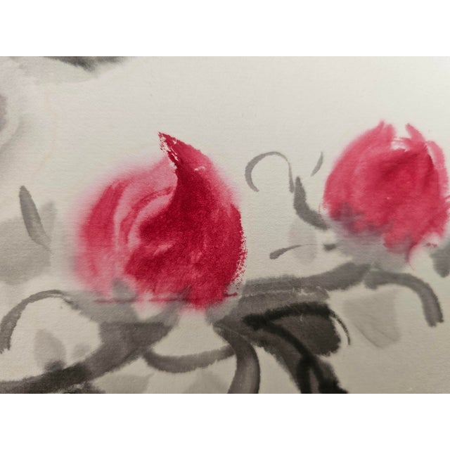 ‘Red Blossoms in Fragrant Bloom’ Peony Ink Painting on Xuan Paper For Sale - Image 10 of 18