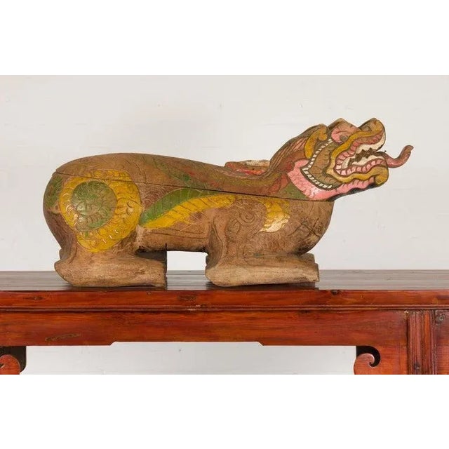 Figurative 1900s Thai Reclining Guardian Lion Carved Prayer Box with Polychrome Décor For Sale - Image 3 of 13