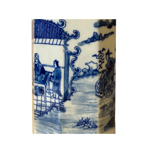 4" Small Octagonal Blue White Scenery Graphic Porcelain Art Vase For Sale - Image 12 of 16