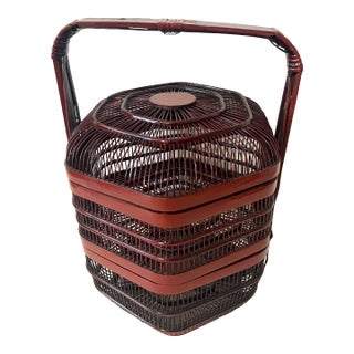 1900-1940 Chinese Lacquered Bamboo Open Two-Compartment Stacking Basket For Sale