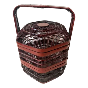 1900-1940 Chinese Lacquered Bamboo Open Two-Compartment Stacking Basket