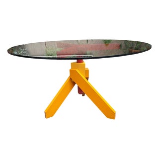 Vidun Dining Table with Round Glass Top and Red and Yellow Beech Legs by Vico Magistretti for De Padova, 1980s For Sale
