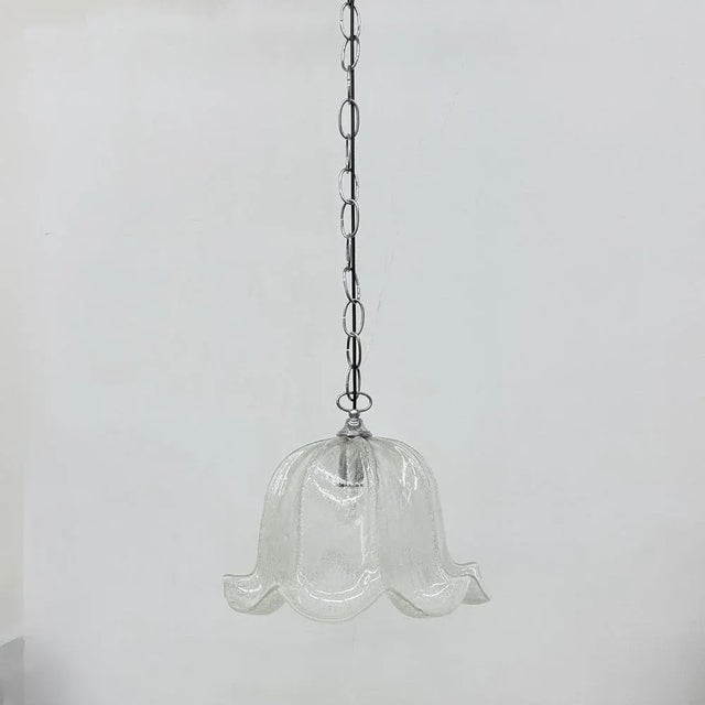 Mid-Century Bell-Shaped Ice Glass and Chrome Pendant Light, 1970s For Sale - Image 9 of 18