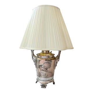 Antique Late 19th Century Silver-Plated Oil Lamp Converted to Table Lamp With Bird & Floral Decoration, 23" For Sale