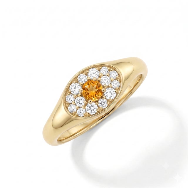 Contemporary Citrine Evil Eye Signet Ring | Pave Diamond Halo Ring | Celestial November Birthstone Ring Us 7 For Sale - Image 3 of 3