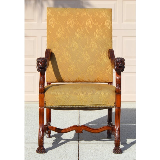 Mid 19th Century Antique French Louis XIV Style Armchair & Ottoman Set - Mid 19th Century Carved Lion Head Throne Chair With Original Yellow Upholstery For Sale - Image 5 of 18