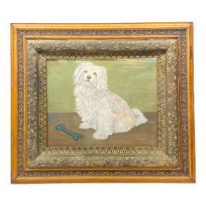 Mid 20th Century Large Signed English Portrait of a White Maltese Terrier Dog