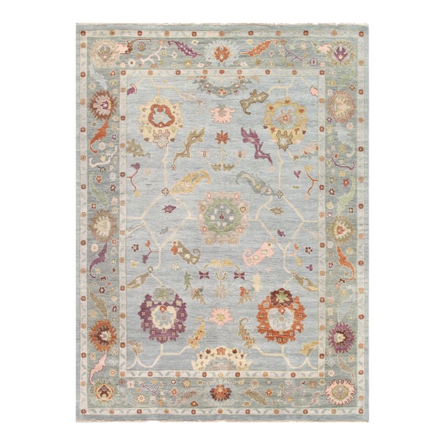 Oushak Wool Blue Area Rug- 9' 0'' X 11' 9'' For Sale