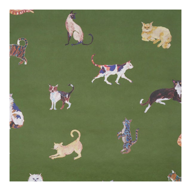 Sample - Schumacher x Happy Menocal Cats Wallcovering in Green For Sale