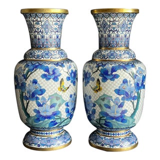 Rare Pair of Large Chinese Ming Style Blue and White Cloisonné Vases For Sale