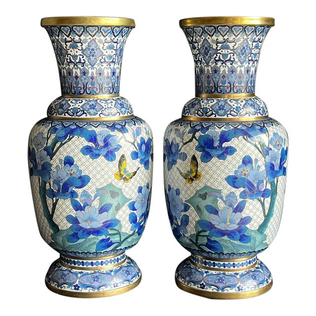 Rare Pair of Large Chinese Ming Style Blue and White Cloisonné Vases For Sale