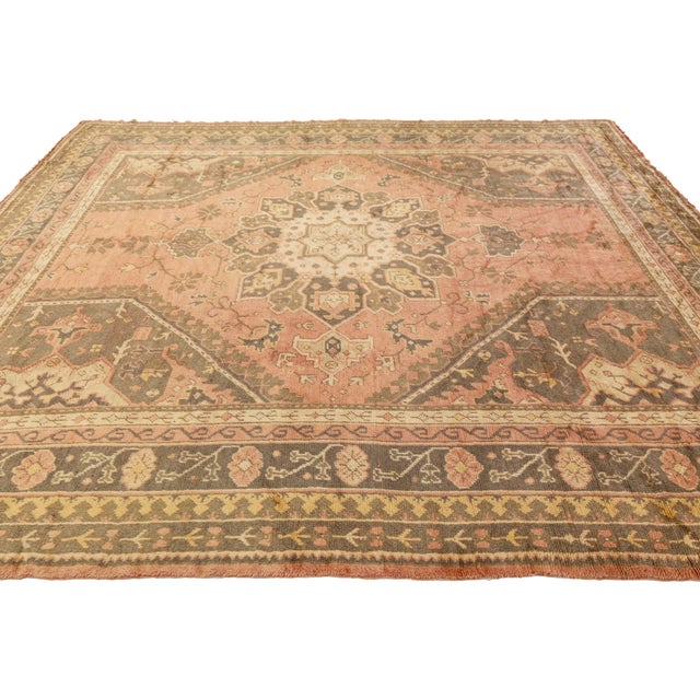 10 X 11 Turkish Oushak Antique Wool Rug in Peach With Medallion Motif For Sale - Image 4 of 10