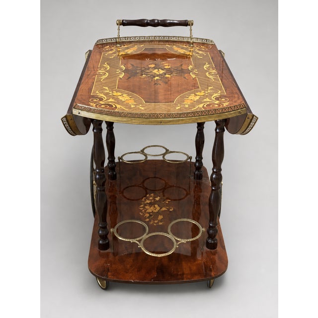 Mid-Century Modern Italian Floral Marquetry Drop Leaf Bar Cart For Sale - Image 3 of 6