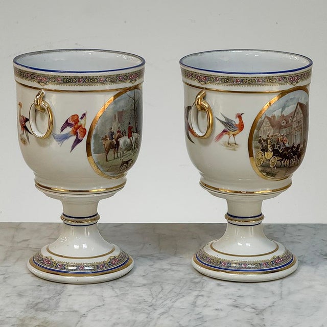 Pair Antique Belgian Pêtre À Baudour Neoclassical Porcelain Hunt Scene Urns For Sale In Dallas - Image 6 of 18