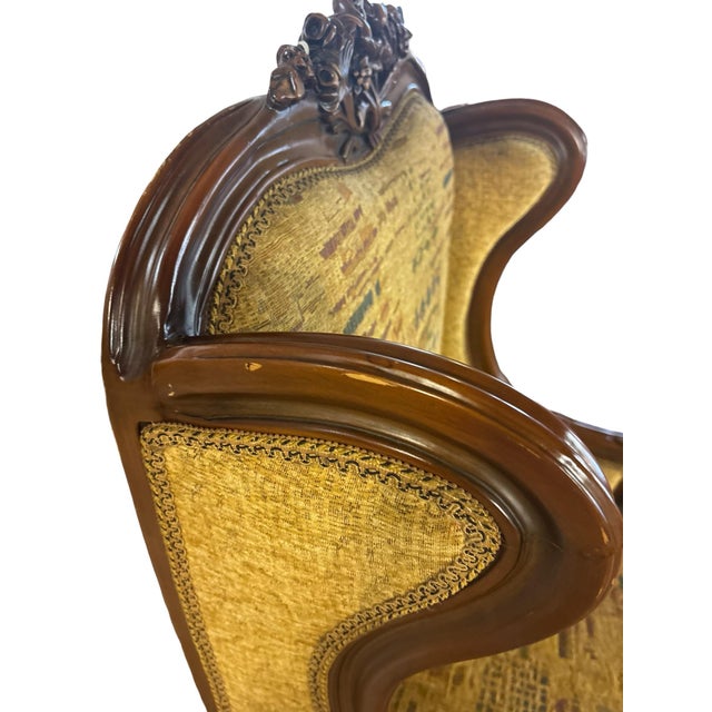 Wood Pair of Louis XV Style Carved Wing Back Lounge Chairs, a Pair For Sale - Image 7 of 11