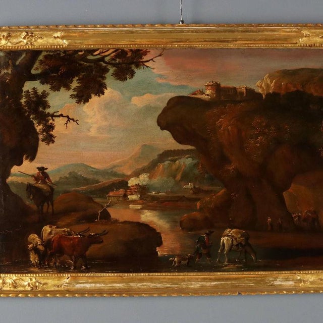 Flemish School, Landscape Painting with Shepherds and Herds, 18th Century, Oil on Canvas For Sale - Image 3 of 10
