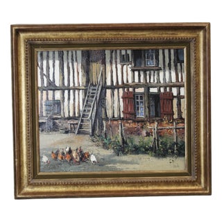 F. Claude, Farmyard with Chickens, 1950s, Oil on Canvas For Sale