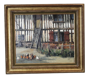 F. Claude, Farmyard with Chickens, 1950s, Oil on Canvas