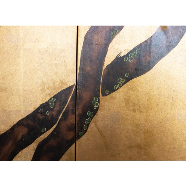 C. 1970s Chinese Six-Panel Gold Leaf Style Painted Screen "Blossoming Plum Tree" For Sale - Image 11 of 18