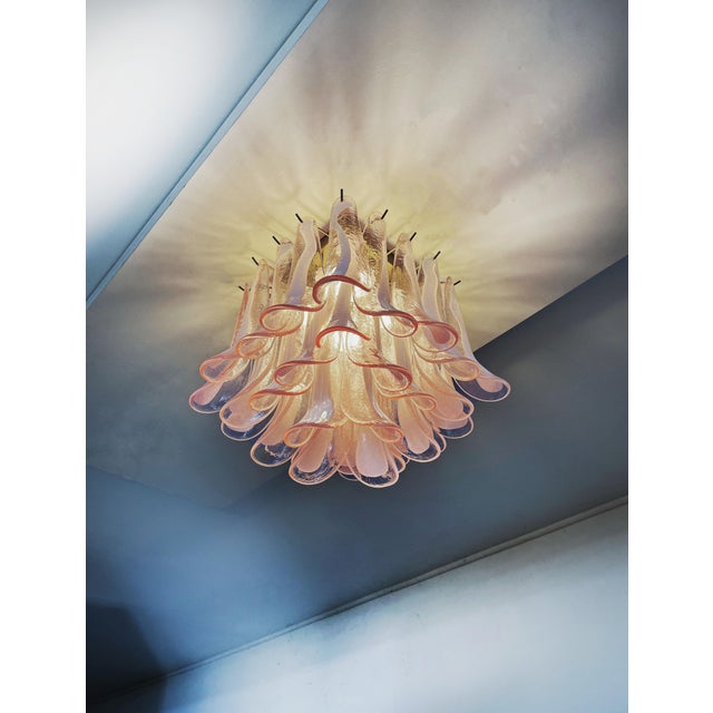 Murano Ceiling Chandelier | 32 Pink Glass and Lattimio Petals in a Contemporary | Mid Century Style For Sale - Image 11 of 11